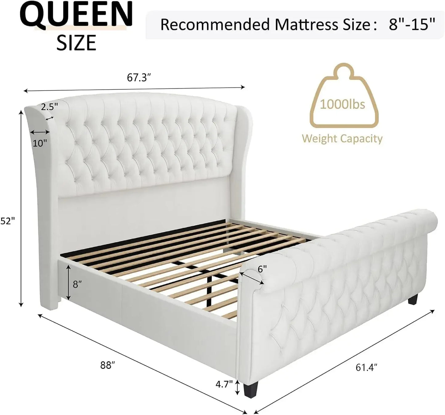 2025NEW Queen Size Platform Bed Frame, Chenille Upholstered Sleigh Bed with Scroll Wingback Headboard & Footboard/Button Tufted