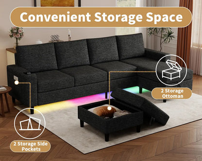 Smart Sectional Couches For Living Room, 6 Seat U/L Shaped Sectional Sofa With RGB Light/Charging, Modern Living, Customized