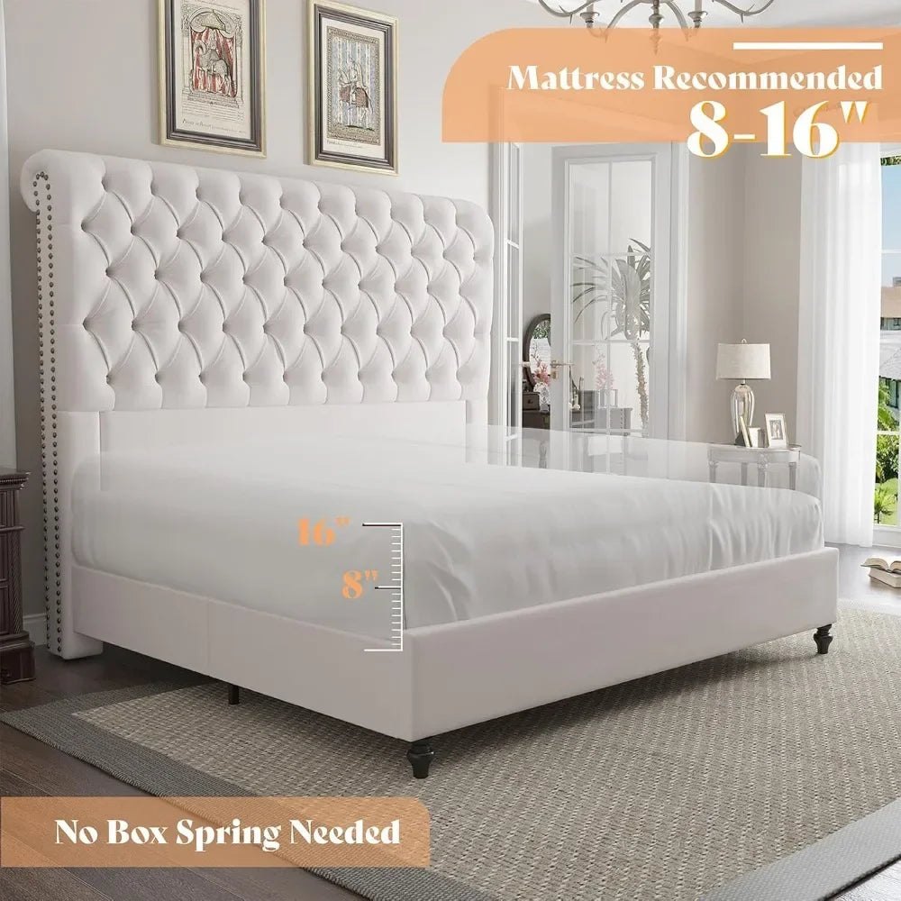 King Size Bed Frame 60" Tall Sleigh Headboard Bed with Velvet Upholstered Platform, No Box Spring Needed
