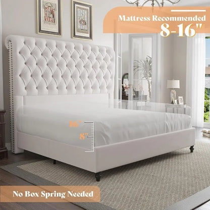 King Size Bed Frame 60" Tall Sleigh Headboard Bed with Velvet Upholstered Platform, No Box Spring Needed