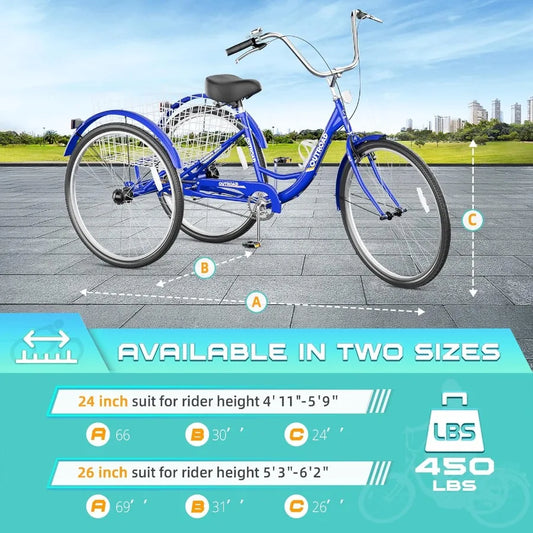 24 26 Inch 1 7Speed Adult Tricycle with Basket 3 Wheel Adult Tricycle Cruise Bike for Women Men Seniors