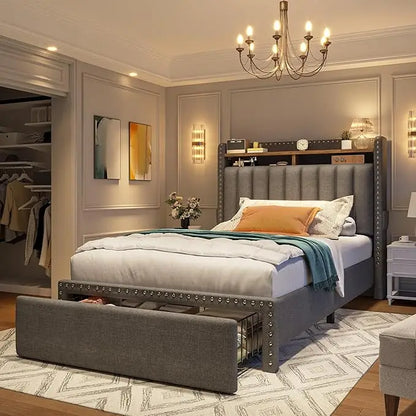 Queen Size Bed Frame, Upholstered Queen Bed Frame with 2 Storage Drawers and 2-Tier Headboard, Vertical Tufted Headboard
