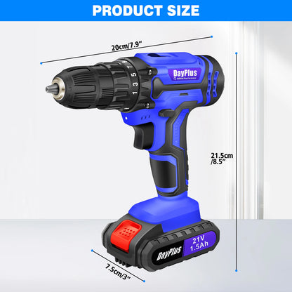 1400RPM 21V Cordless Drill Driver 45Nm 2 Speeds Electric Cordless Screwdriver 25+1 Torque with 1/2 1500mAh Battery & Accessories