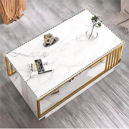 High Gloss Marble Veneer Coffee Table - Modern White & Gold, Rectangle for Living Room