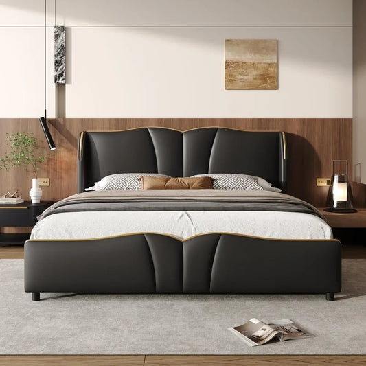 Modern Luxury Leather Platform Bed Frame - Wingback Headboard & Wavy Footboard, No Box Spring Required
