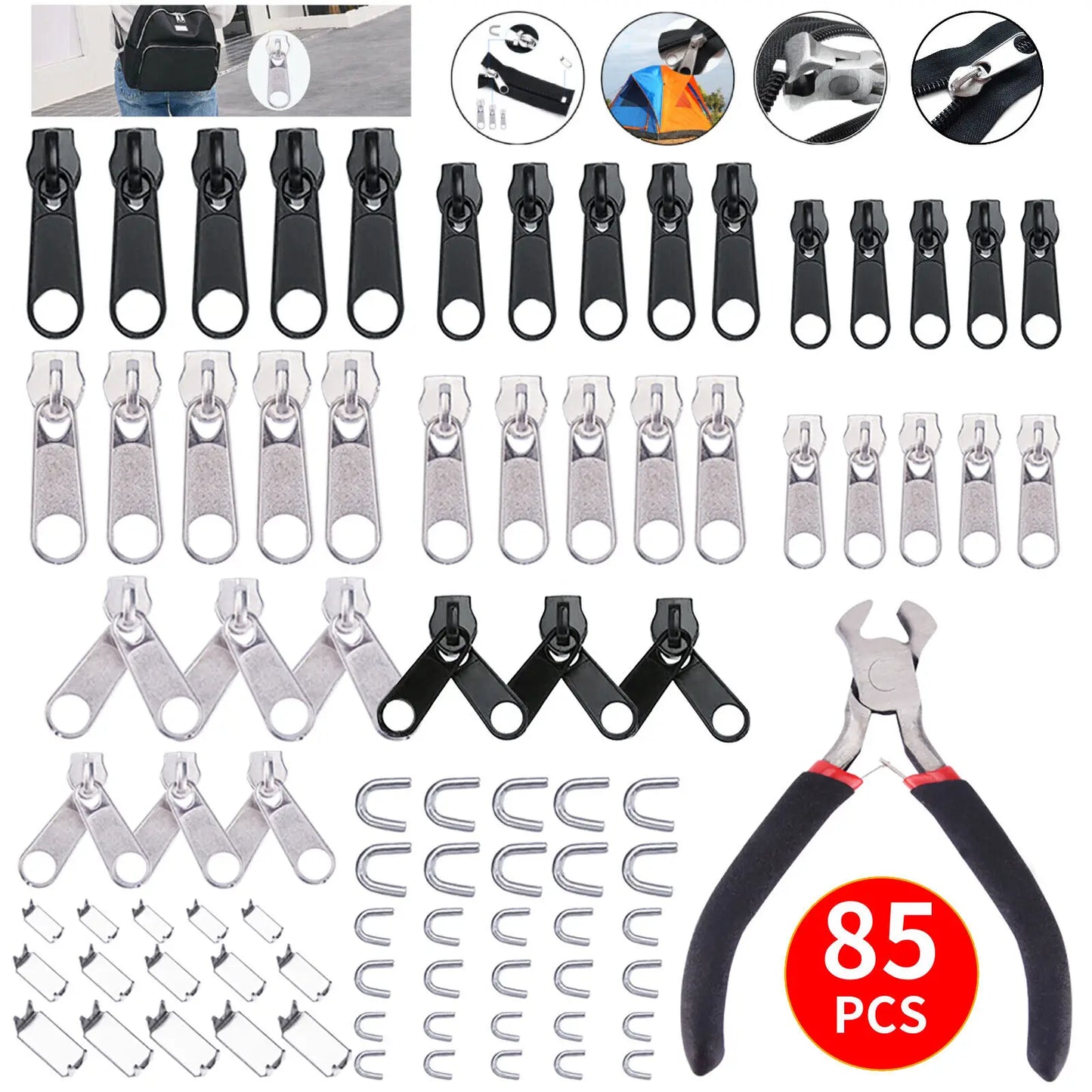 85Pack Metal Zippers Repair Kit Sets Zipper Repair Replacement Kit Easy Fix Zipper Slider Head Puller Accessories Tools