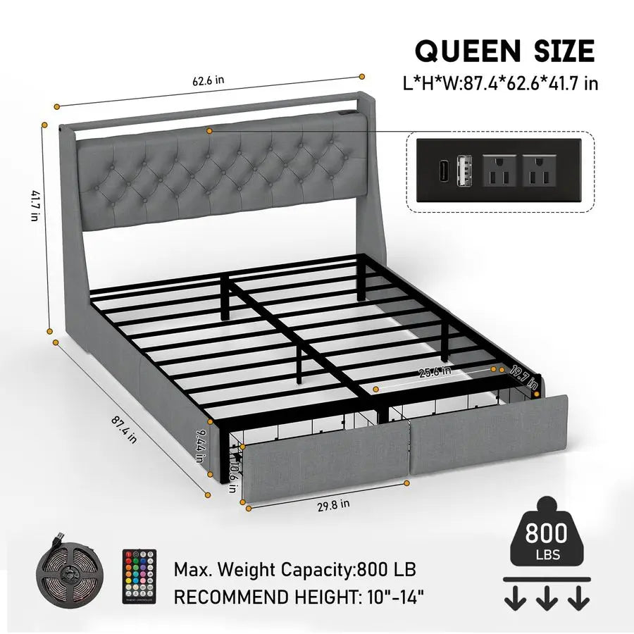 Size Bed Frame with Charging Station and Headboard, Upholstered Button Tufted Platform Queen Bed with 2 Storage Drawers and LED