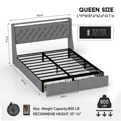 Size Bed Frame with Charging Station and Headboard, Upholstered Button Tufted Platform Queen Bed with 2 Storage Drawers and LED
