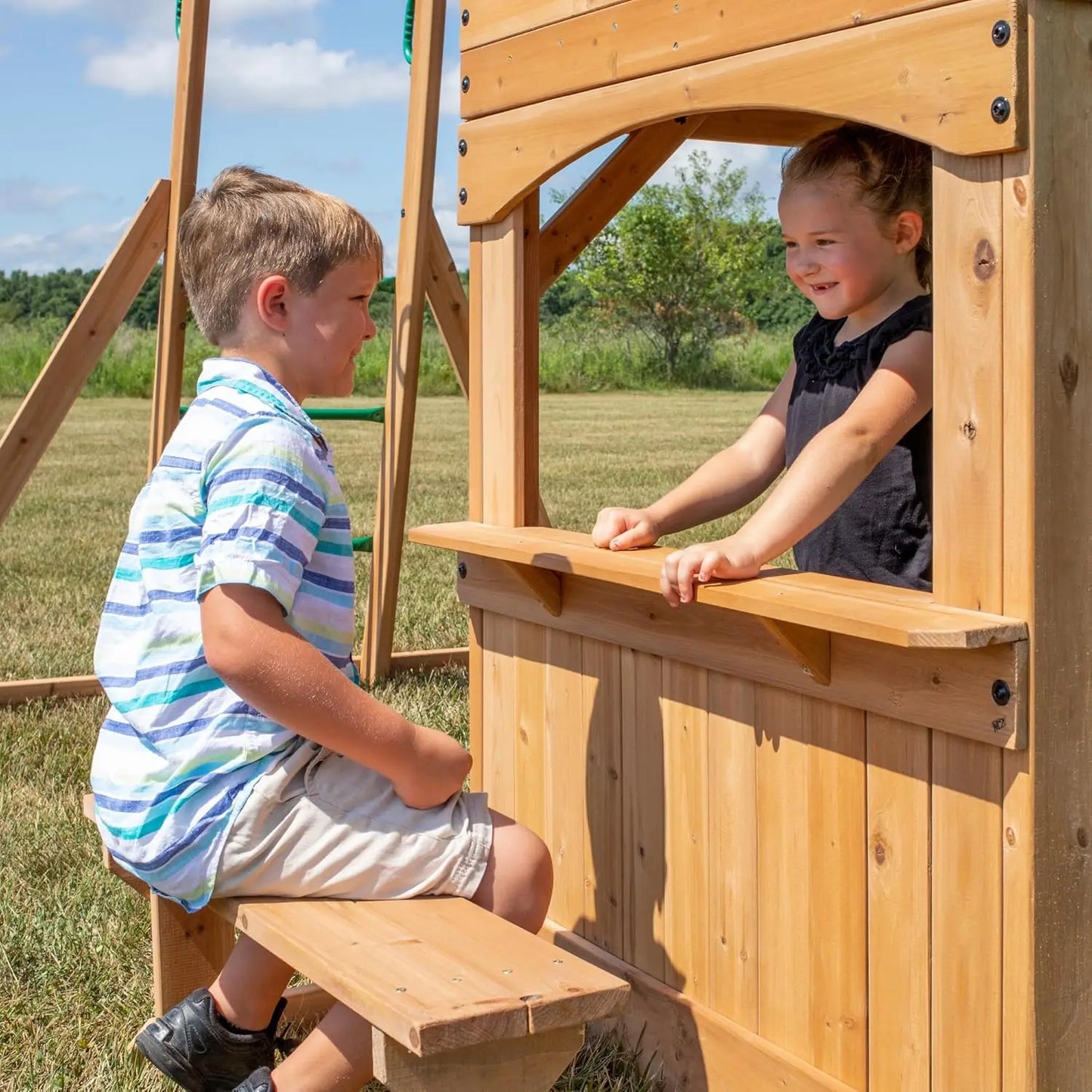 Backyard Discovery Montpelier Cedar Wood Swing Set, Ages 3-6 Years, Wave Slide, Clubhouse, Monkey Bars, Picnic Area, Belt Swings