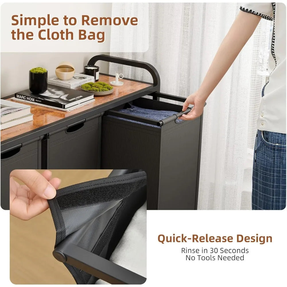 Rolling 3-Section Laundry Hamper with Pull-Out Bags, Top Shelf, and Wheels for Large Capacity Sorting