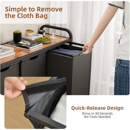 Rolling 3-Section Laundry Hamper with Pull-Out Bags, Top Shelf, and Wheels for Large Capacity Sorting