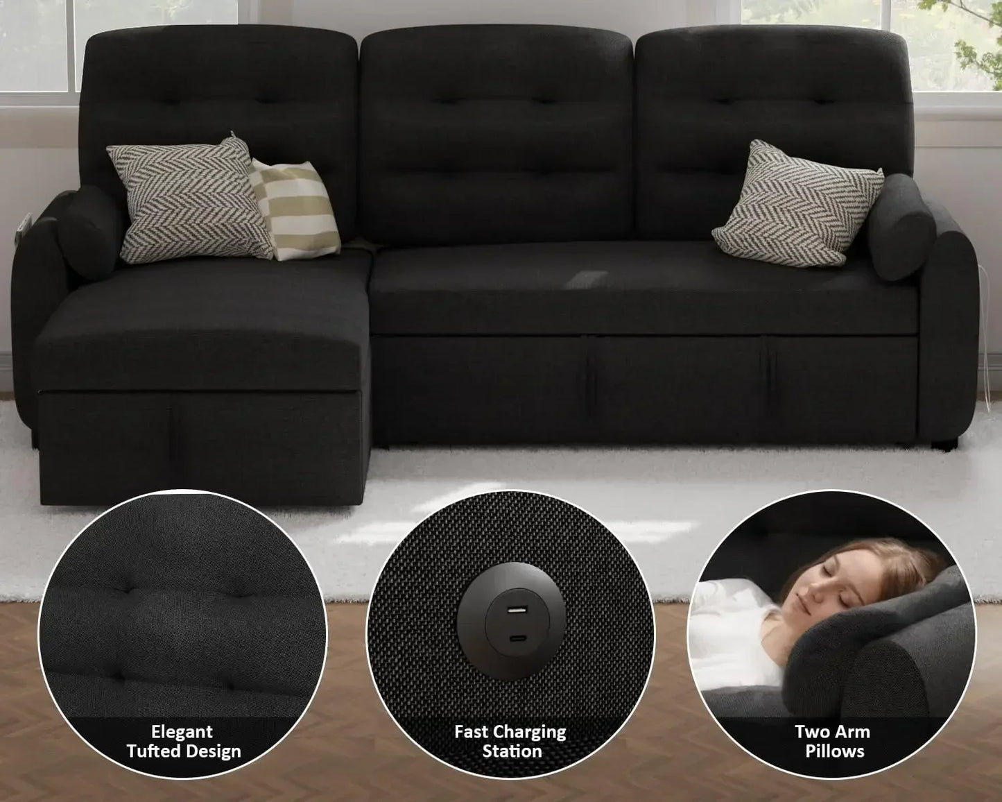 Sectional Sofa Couch, 87" Sleeper Sofa Bed with Reversible Storage Chaise Pull Out Couch for Living Room Linen Fabric, Black
