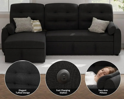 Sectional Sofa Couch, 87" Sleeper Sofa Bed with Reversible Storage Chaise Pull Out Couch for Living Room Linen Fabric, Black