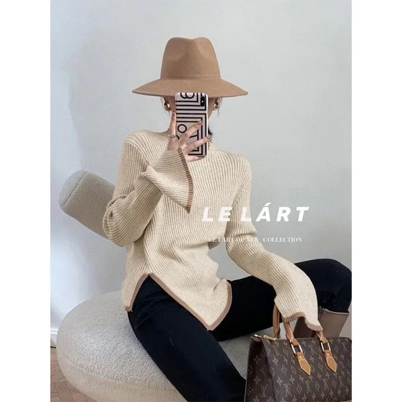 High Collar Knitted Sweater Women's Autumn Winter Loose Style Irregular Design Comfortable Lazy Fashion Early Autumn Top