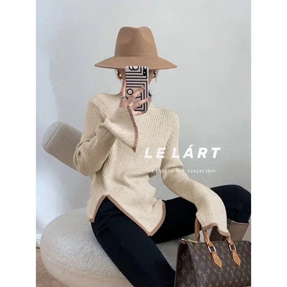 High Collar Knitted Sweater Women's Autumn Winter Loose Style Irregular Design Comfortable Lazy Fashion Early Autumn Top