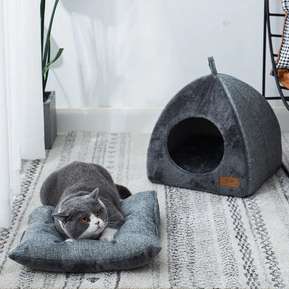 New Triangular Enclosed Cat House - Warm Plush Pet Bed for Deep Sleep, Cozy Shelter for Cats and Small Dogs