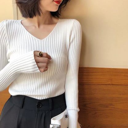 2025 Autumn Winter Women Solid Rib Knit V Neck Stripe Pull Sweater Femme Long Sleeve Pullover Jersey Tops Fashion Clothes Y2k