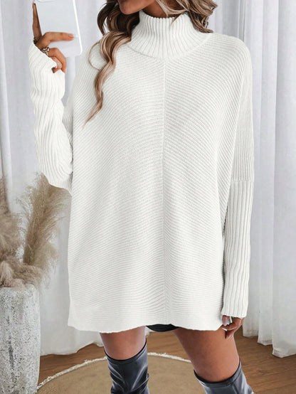 Autumn and Winter New Fashion Woman Sweater Irregular Hem Turtleneck Pullover Long Sleeve Knit Top