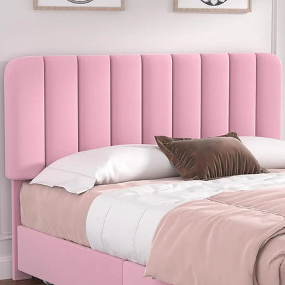 Pink Velvet Full-Size Platform Bed with 4 Drawers and Headboard, Wooden Slat Support, No Box Spring Needed