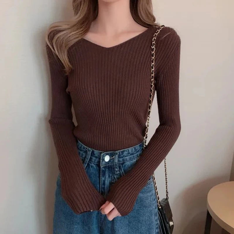 2025 Autumn Winter Women Solid Rib Knit V Neck Stripe Pull Sweater Femme Long Sleeve Pullover Jersey Tops Fashion Clothes Y2k