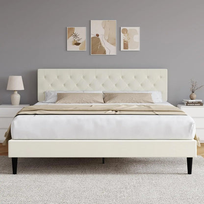 Bed Frame with Headboard, Linen Fabric Upholstered Platform Bed Frame, Button Tufted Bed Frame , Customized