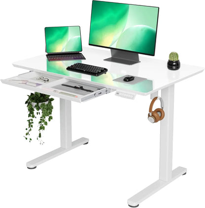 Glass Standing Desk with Drawers, 55×24 Inch Adjustable Stand Up Desk Quick Install Home Office Computer Desk, White