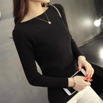 ITOOLIN Women Knitted Long Sleeve Office Sweaters Ribbed Slash Neck Slim Sweater Women Casual Solid Pullovers Top Autumn Winter