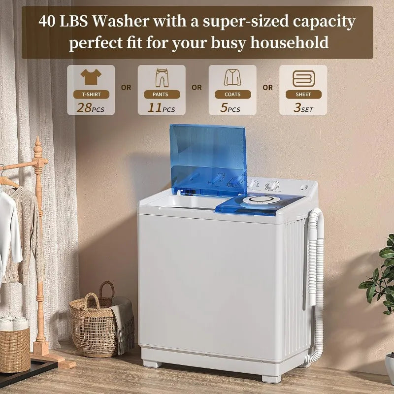 Portable Washing Machine, Twin Tub Laundry Compact Washer spinner Combo with 40lbs capacity,24Lbs Washer and 16Lbs Spinner dryer