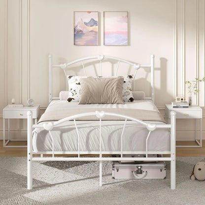 Metal Bed Frame, Bed Frame with Headboard, Heart-Shaped Decorative Headboard and Footboard, Heavy Duty Metal Slat Support