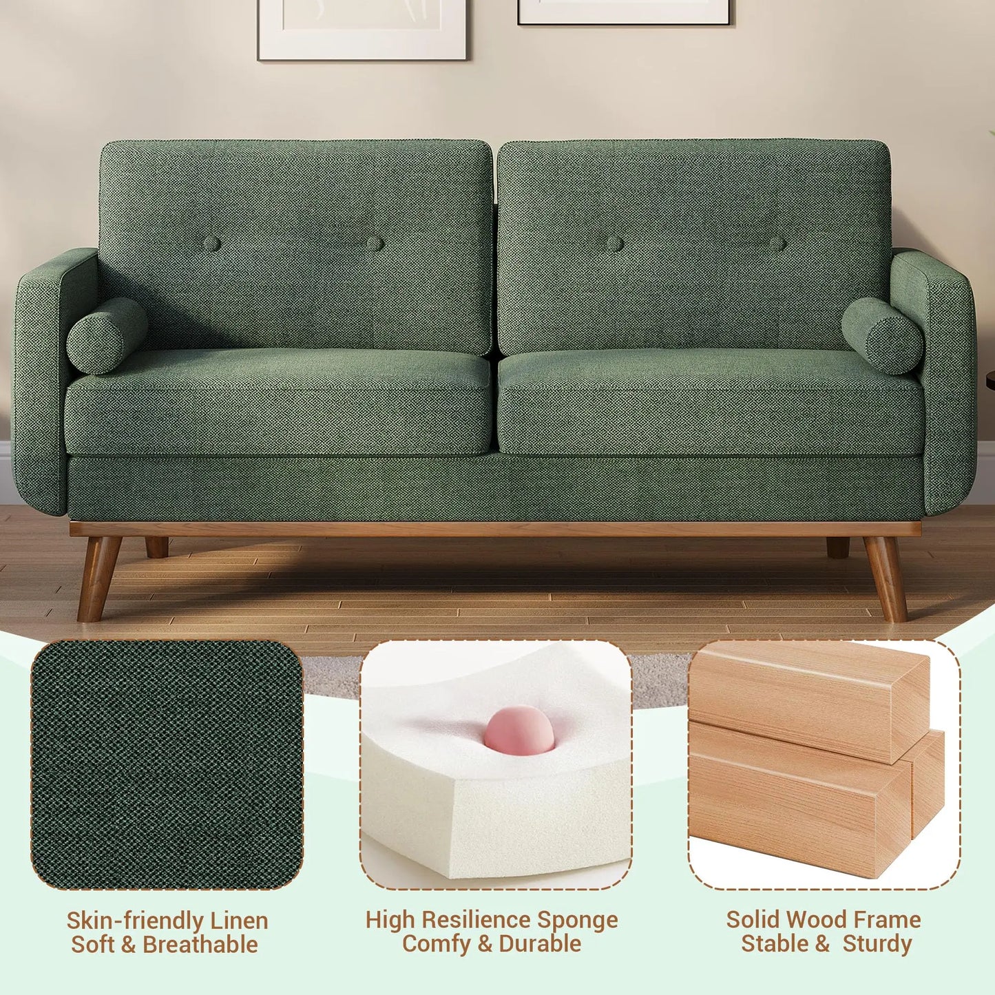 65" Mid Century Modern Couch Sofa Loveseat, Comfy Love Seat Couches for Living Room, 2 Seater Linen Upholstered Deep Seat Couch