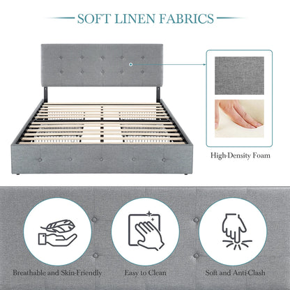 HOOMIC Platform Storage Bed Frame with 4 Drawers, Adjustable Headboard with Square Stitched Button Tufted Design Allewie