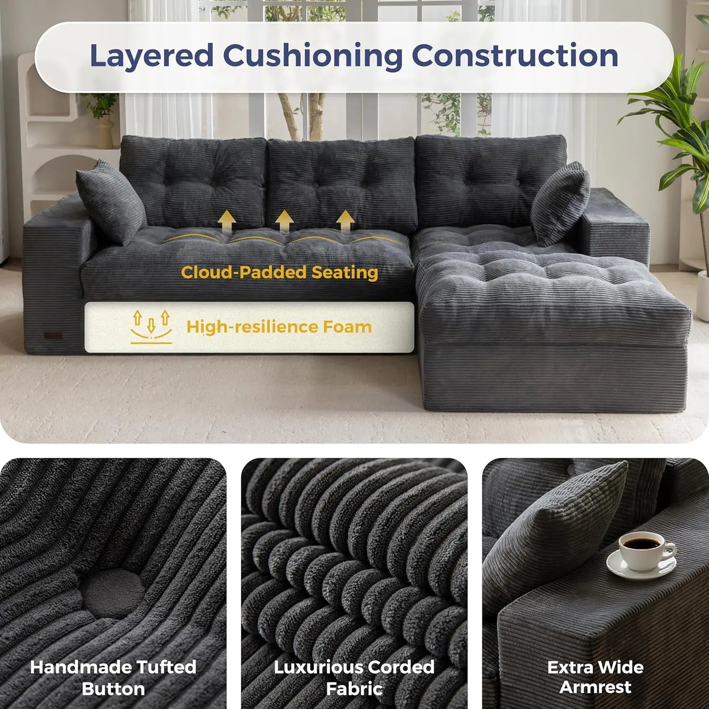 104" L Shaped Modular Sectional Sofa with Ottoman, Cloud Boneless Couch with Layered Cushion, Upholstered Sofa in a Box, Flexibl