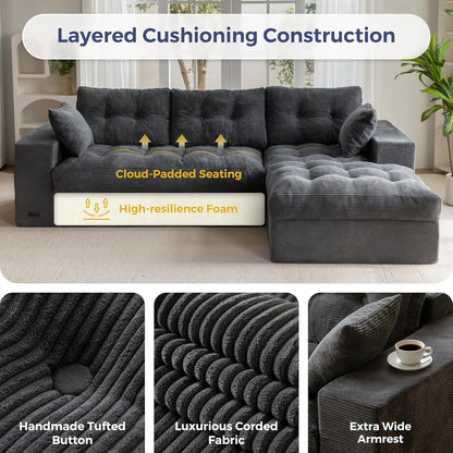 104" L Shaped Modular Sectional Sofa with Ottoman, Cloud Boneless Couch with Layered Cushion, Upholstered Sofa in a Box, Flexibl