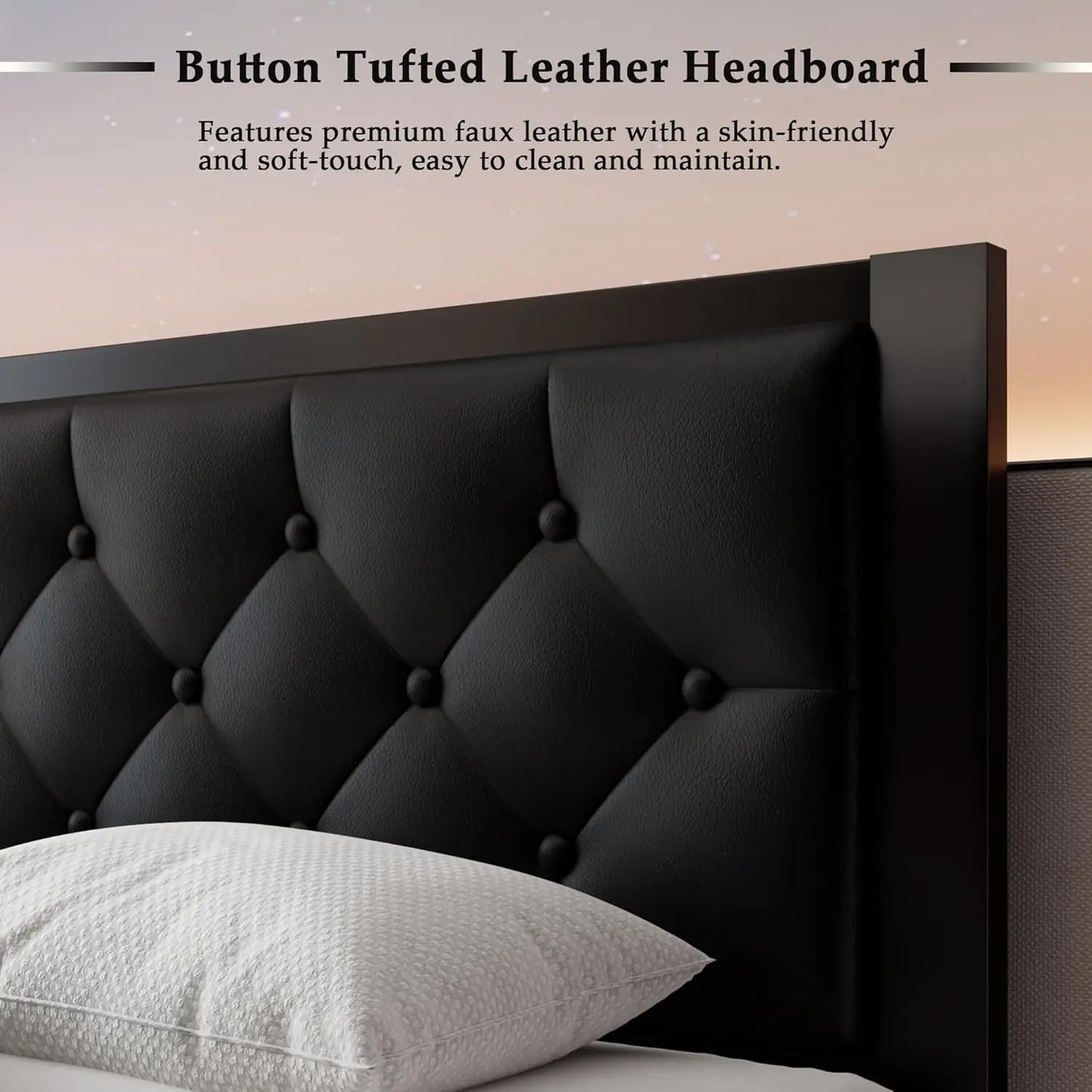 Twin Size Metal Bed Frame with Faux Leather Headboard, 12" Storage, Noise Free, Black