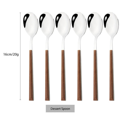 6/24pcs Wooden Handle Cutlery Set Brown Silver Dinnerware Set Stainless Steel Forks Spoons Knife Tableware Kitchen Flatware Set