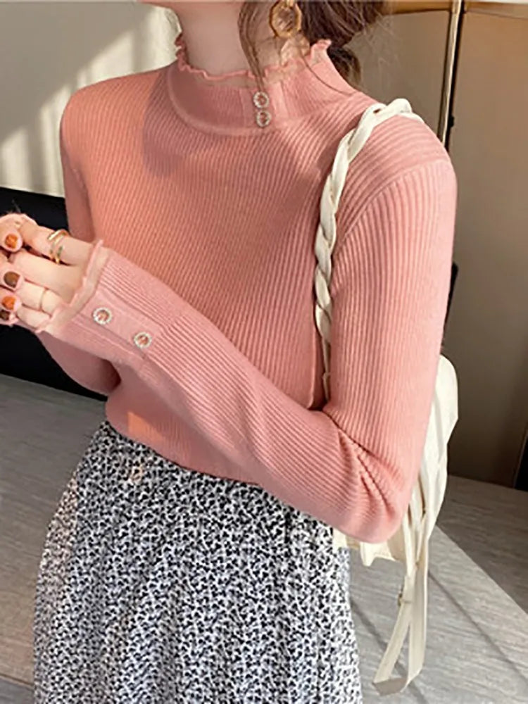 2025 Knitted Women Sweater O-neck Button Pullovers Spring Autumn Basic Sweaters for Female Pullover Slim Solid Bold Lace Tops