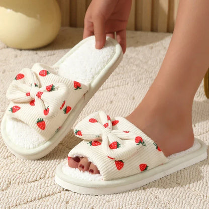 Lovely Girls Pink Strawberry Winter Home Slippers Soft Fur Furry Indoor Flat Shoes Woman Comfort Non Slip Bedroom Slippers Slide