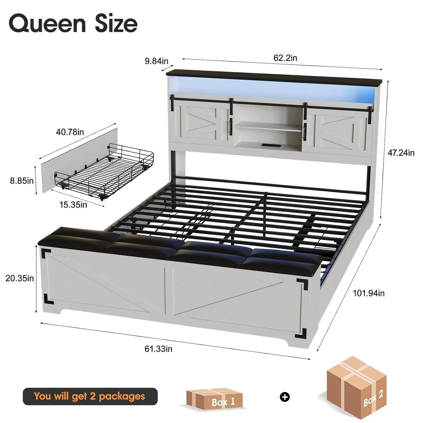 Farmhouse Queen Size Bed Frame with Headboard and Storage Ottoman, Sliding Barn Door & 4 Drawers, LED Lights and, Customized