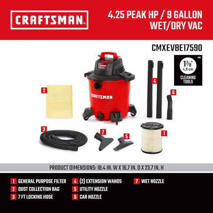 9 Gallon Wet Dry Vacuum with Blower Port, Oversized Drain, and Accessories for Home and Garage Cleaning