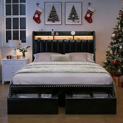 Modern Platform Bed with Upholstered Wingback Headboard, 2 Drawers, Channel Tufted, No Box Spring Needed Customized