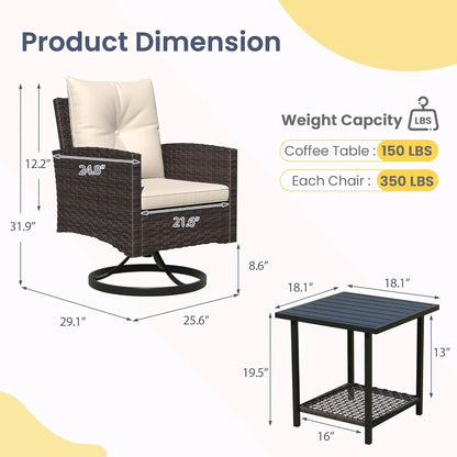 3-Piece Patio Furniture Set, Outdoor Swivel Rocker Patio Chairs Furniture Set of 2 with Matching Side Table