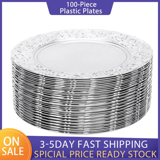 100-Piece Plastic Plates Set 13 Inch Round Embossed with Phoenix Floral Patterns Reusable Serving Plates for Wedding Banquets