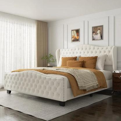 Platform Bed Frame with 51-inch Tall Camelback Headboard & Wingback, Deep Button Tufted Footboard with Nailhead Trim,