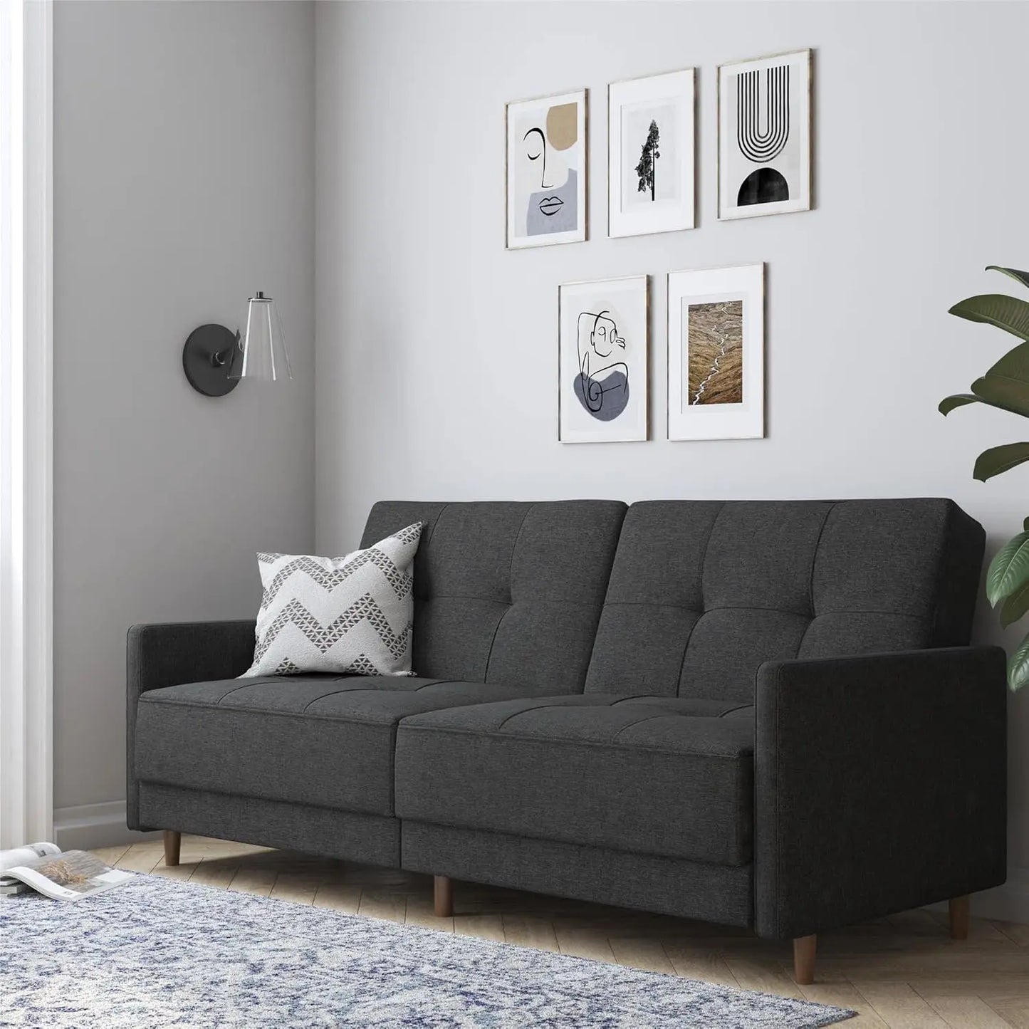 Andora 76 Inch Futon Sofa Bed, Modern Upholstered Couch Sleeper with Button Tufted Back and Seat, Dark Gray