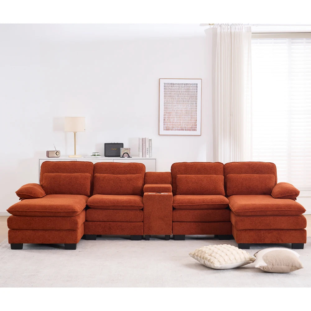 124" Luxury Modern Modular U-Shaped Sectional Sofa, 4-Seater Chenille Cloud Couch w/ Storage Console, Cup Holders & Pillows