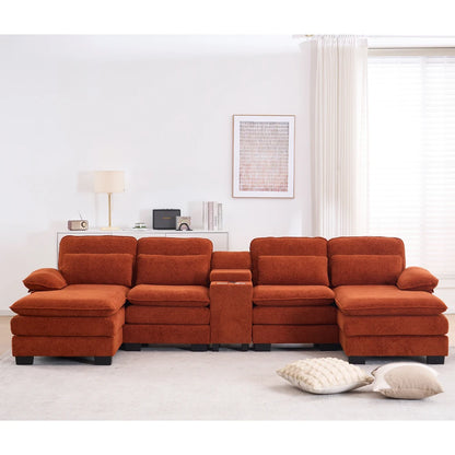 124" Luxury Modern Modular U-Shaped Sectional Sofa, 4-Seater Chenille Cloud Couch w/ Storage Console, Cup Holders & Pillows