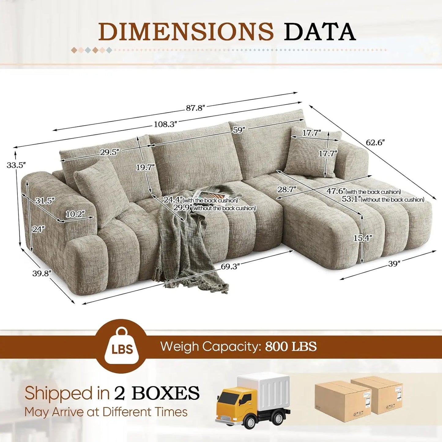 108" W Modular Sectionals Sofa,Cloud Boneless Couch with Chaise,Chenille Tufted Deep Seat L Shaped Couch,Modern Compression Foam