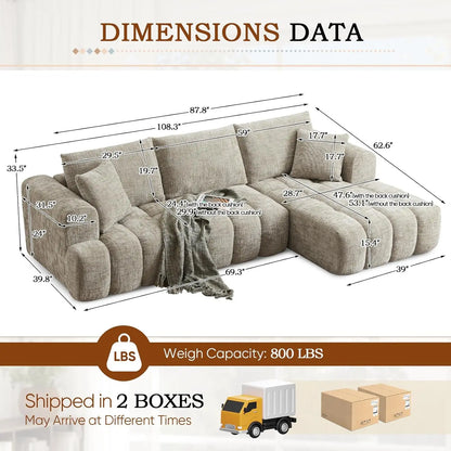 108" W Modular Sectionals Sofa,Cloud Boneless Couch with Chaise,Chenille Tufted Deep Seat L Shaped Couch,Modern Compression Foam