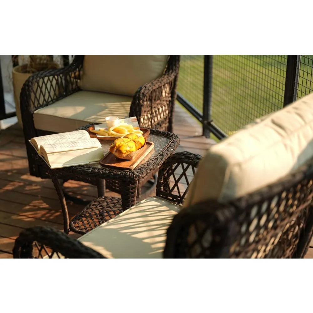 3 piece outdoor patio set, wicker rocking bistro set with 2 swivel chairs & tempered glass top table, rattan outdoor furniture