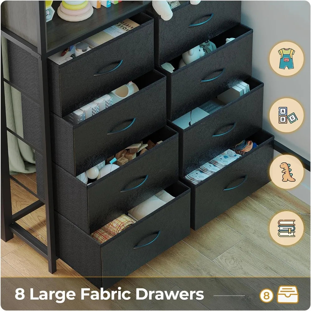 Twin Loft Bed with Desk, 8 Drawers, LED Lights, and Charging Station - Metal Storage Bed